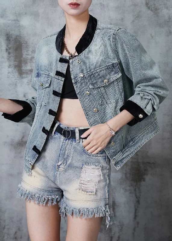 Stylish Fit Casual Blue Grey Mandarin Collar Patchwork Chinese Button Denim Coat Fall Stylish Fit Casual Blue Grey Mandarin Collar Patchwork Chinese Button Denim Coat Fall