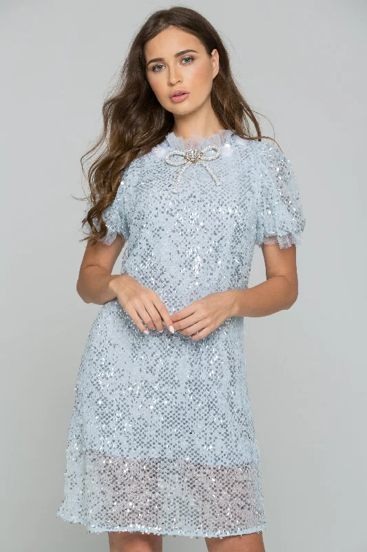 Simple Chic Blue Mesh Sequined and Embellished Mini Dress