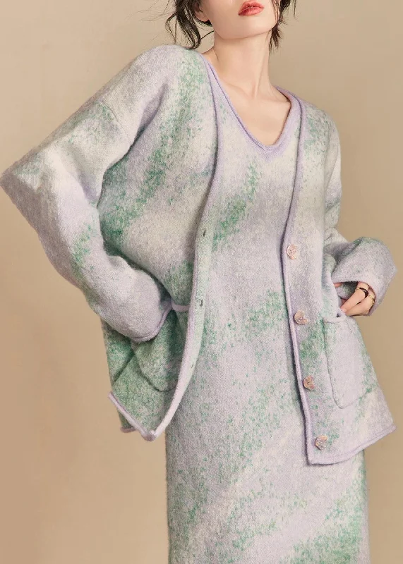 Comfy Dress Loose Gradient Color Pockets Coats And Dress Knit Two Pieces Set Winter Comfy Dress Loose Gradient Color Pockets Coats And Dress Knit Two Pieces Set Winter