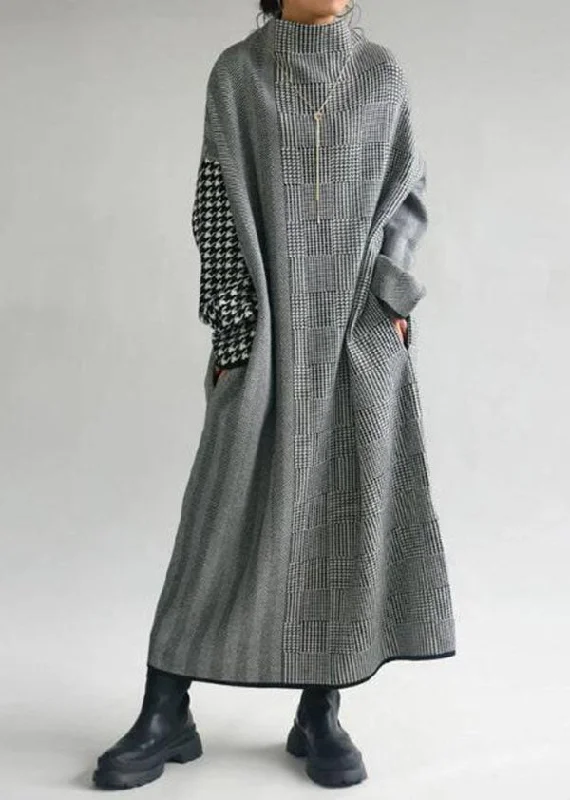 Versatile Casuals Italian Grey Plaid Hign Neck Patchwork Long Knit Dress Fall