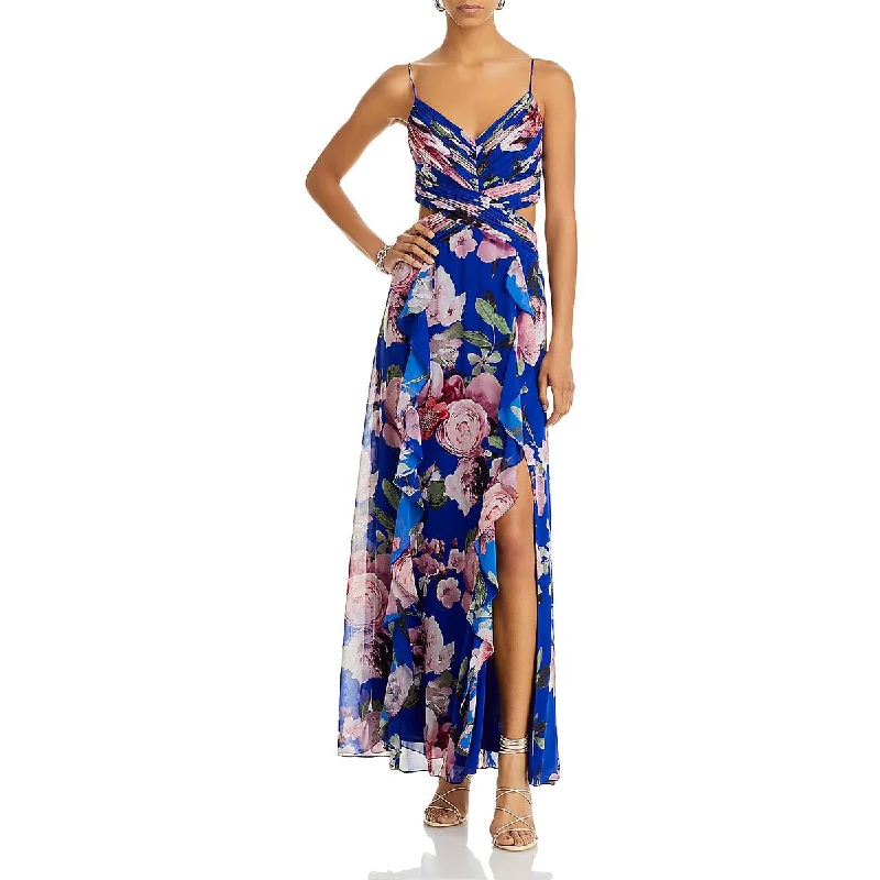 Sporty Wear Aqua Womens Floral Print Ruched Maxi Dress