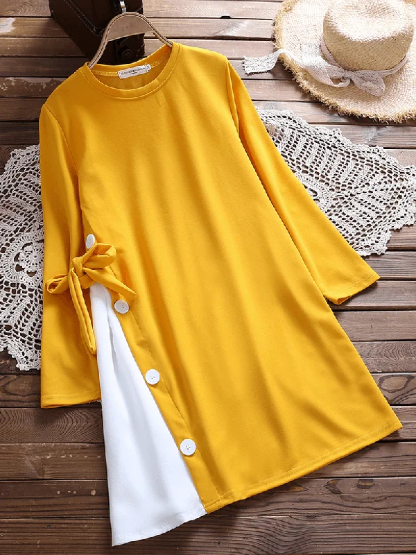 Soft Fabric Looks Side Button Patchwork Dress