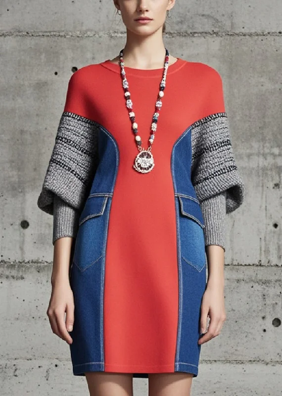 Breathable Style Boho Red Patchwork Denim Cotton Sweatshirts Dress Batwing Sleeve
