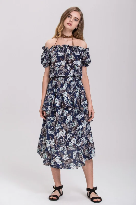 Easy Comfort Style Blue Floral Printed Off the Shoulder and Ruffled Skirt Set
