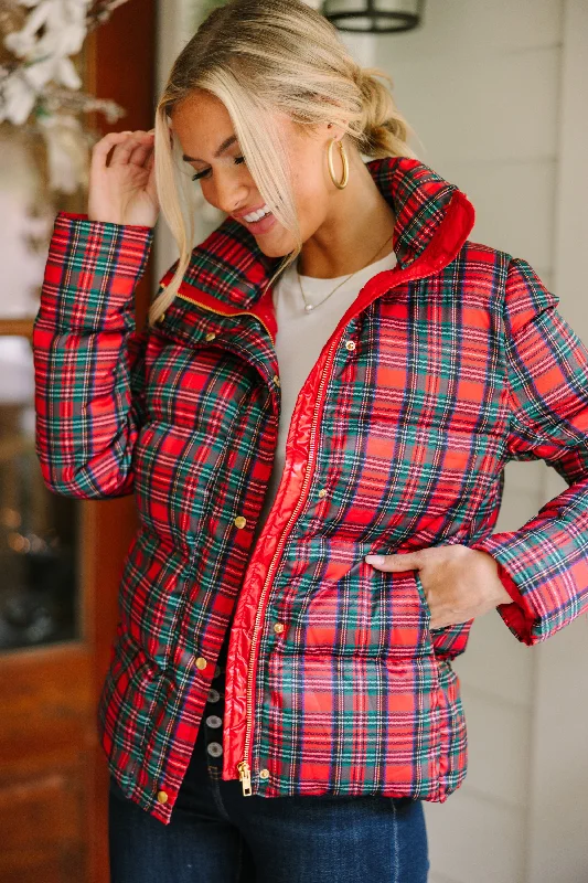 Cozy Fashion More The Merrier Red Tartan Plaid Puffer Jacket