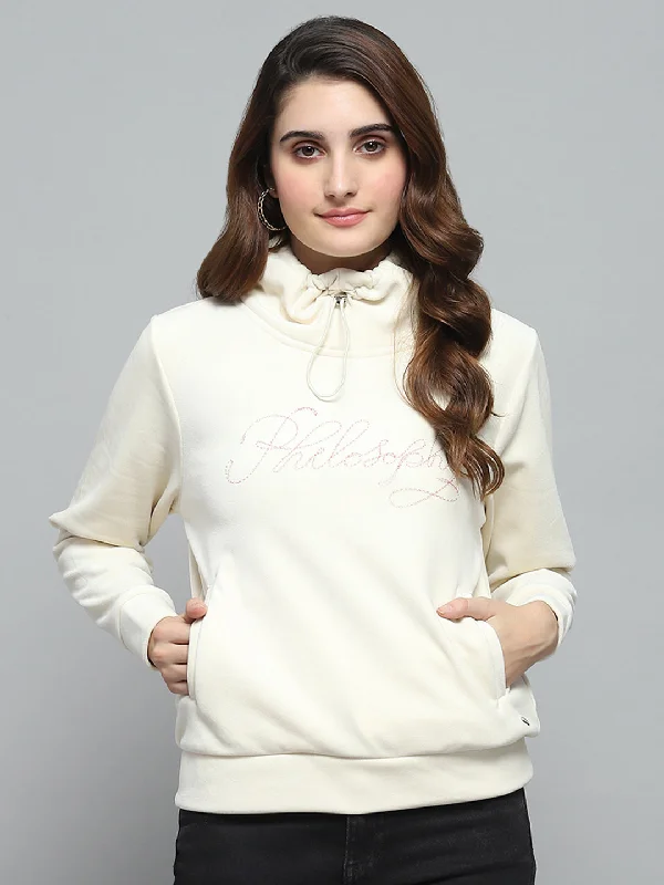 Casual Comfort Women White Self Design Mock Neck Full Sleeve Sweatshirt