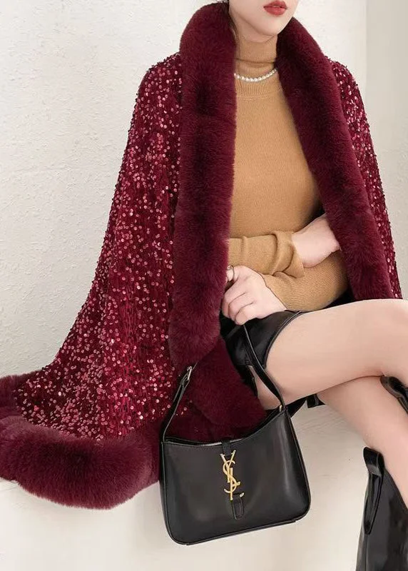 Warm Chic Chic Red Fur Collar Sequins Warm Fleece Cape Coat Winter