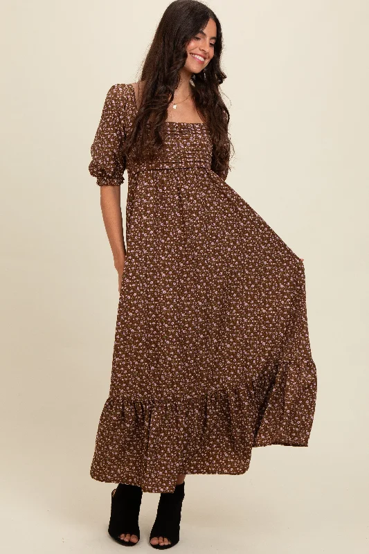 Relaxed Tops Mocha Floral Pleated Bodice Maxi Dress