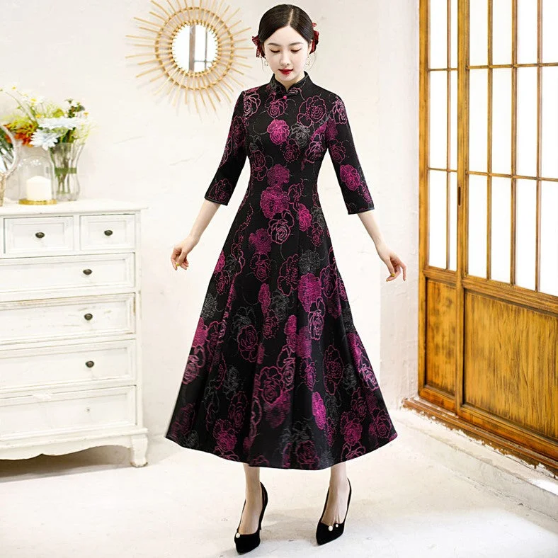 Cozy Fashion 3/4 Sleeve Cheongsam Top Floral Knit Dress with Expansion Skirt