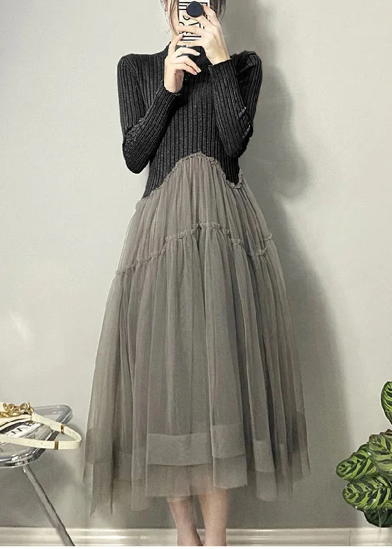Soft Textures Beautiful Black Asymmetrical Tulle Patchwork Long Dresses Fall