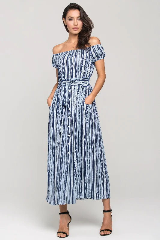 Weekend Comfort Wear Blue Boho off the shoulder Shirt Midi Dress