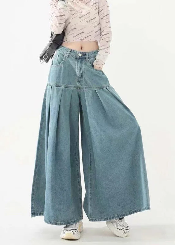 Casual Comfort Original Design Blue Pockets Wrinkled Patchwork Denim Pants Skirt Spring