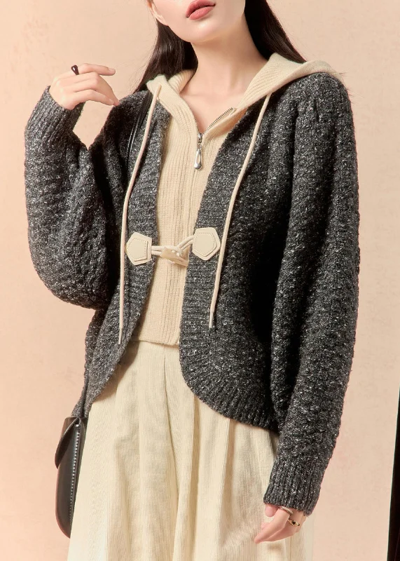 Versatile Outfits New Grey Hooded Patchwork False Two Pieces Knit Coats Winter