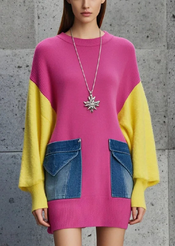 Modern Chic Casual Rose Oversized Patchwork Denim Knit Sweater Fall