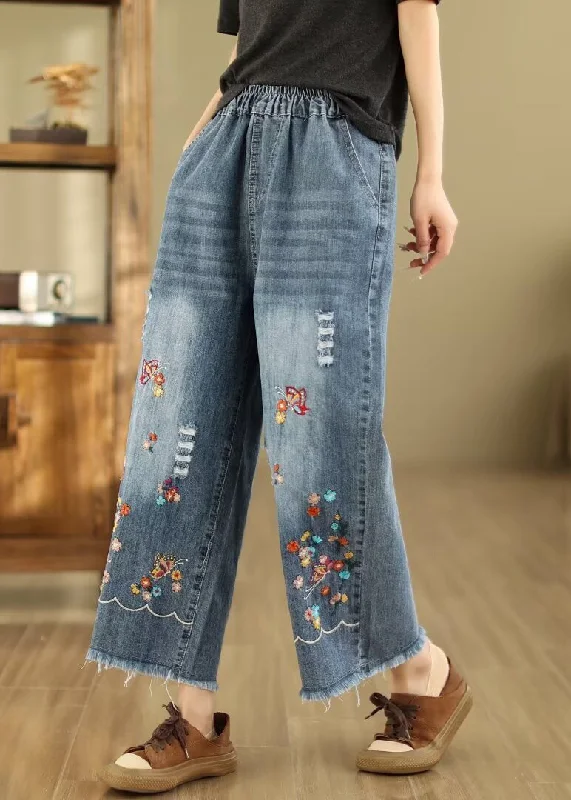 Soft Comfort Wear French Blue Embroidered Elastic Waist Denim Crop Pants Summer