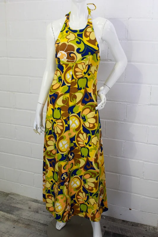 Effortless Looks Vintage 1970s Floral Halter Dress, Blue and Green Flower Print, XS