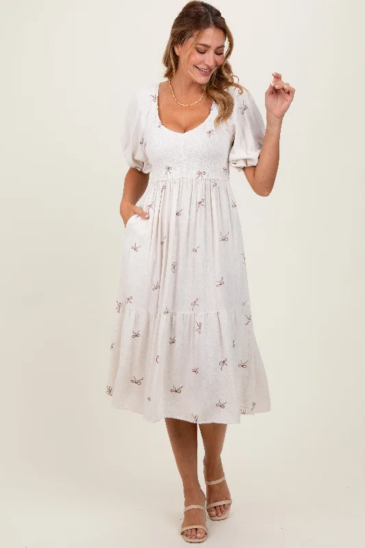 Soft Tops Cream Ribbon Print Smocked Midi Dress