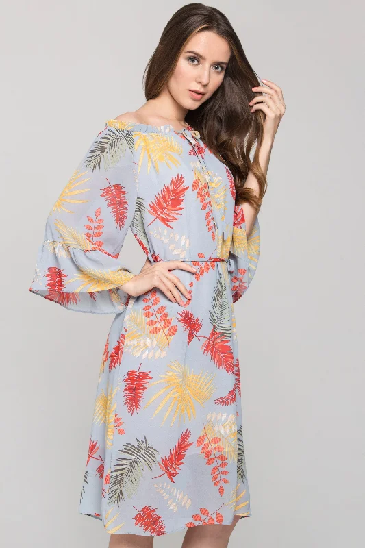 Casual Chic Outfits Blue Autumn Leaf Print Off the Shoulder Midi Dress
