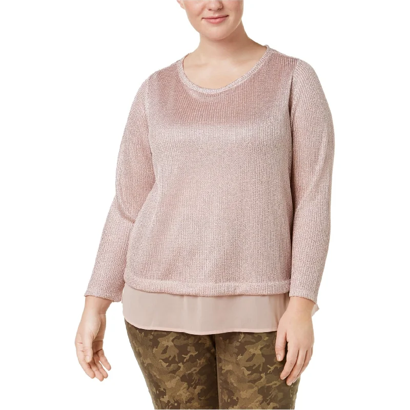 Trendy Looks I-N-C Womens Layered Look Metallic Knit Pullover Sweater, Pink, 3X