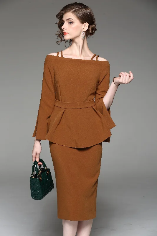Warm Layers Caramel Two Piece Cold Shoulder Midi Dress