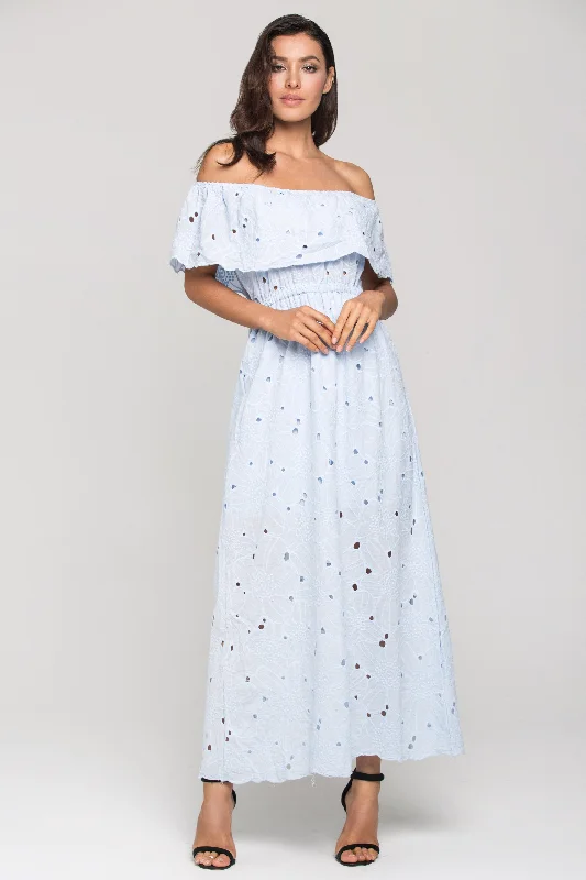 Cozy Lounge Wear Blue Floral Eyelet Off the Shoulder Midi Dress
