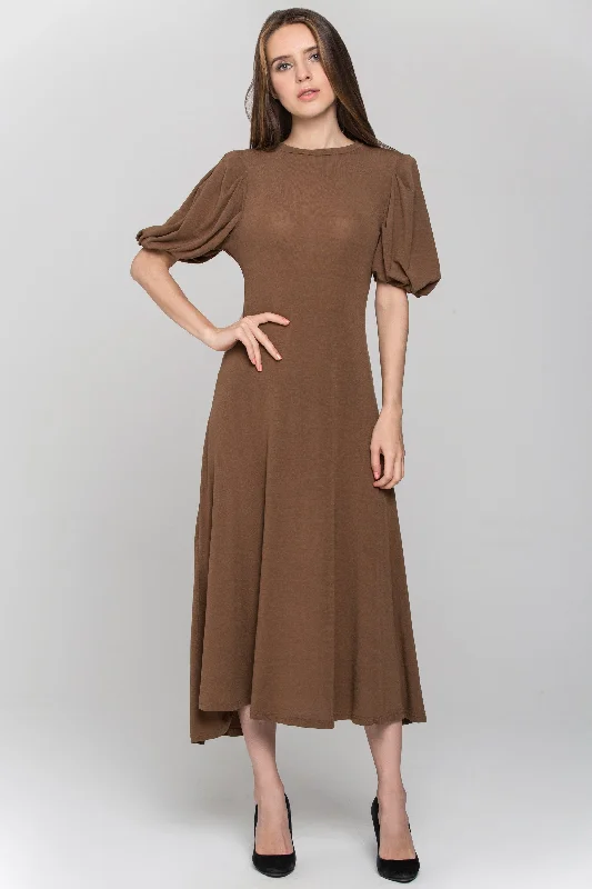 Light Fit Brown High Neck Puff Sleeves Maxi Dress
