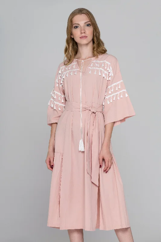 Relaxed Tops Blush and White Tassel Flare Sleeve Midi Dress