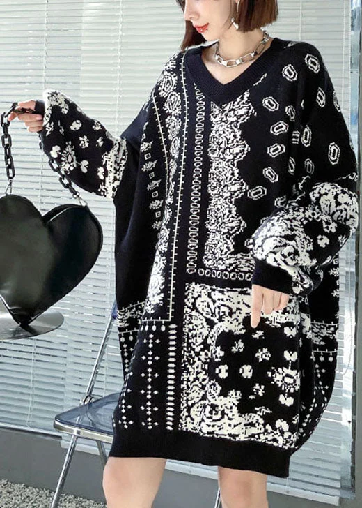Trendy Dresses Unique retro V Neck Jacquard cozy Fall Knit sweaters