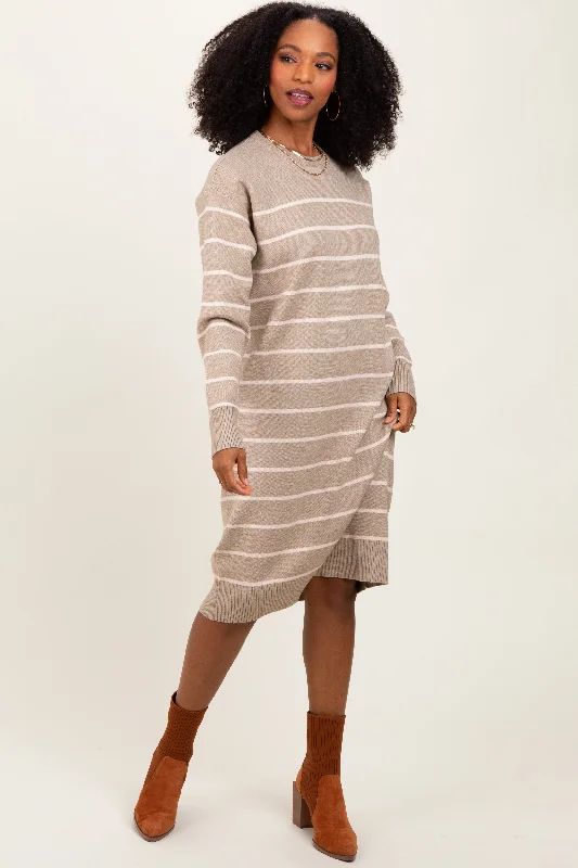 Soft Fabric Looks Beige Striped Midi Sweater Dress