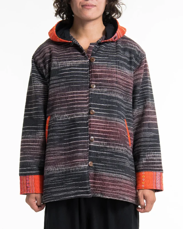 Cozy Chic Wear Light Hooded Button Hand-Woven Cotton Embroidered Jacket in Gray