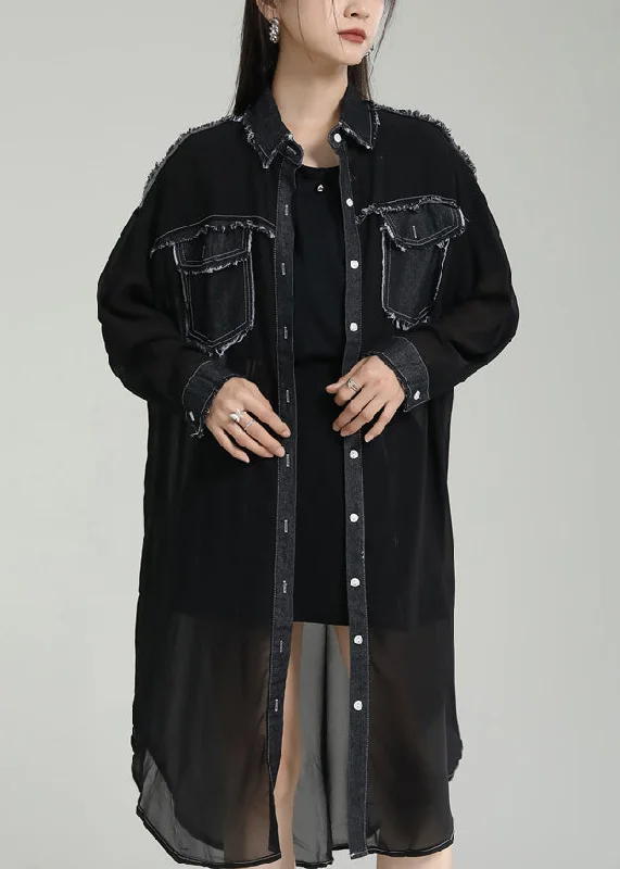 Fashionable Comfort Unique Black Peter Pan Collar Pockets Patchwork Chiffon UPF 50+ Coats Summer