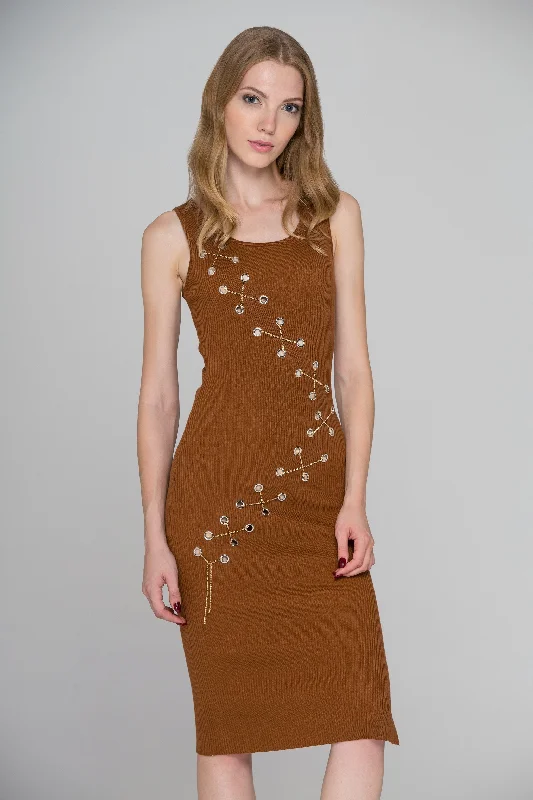 Trendy Dresses Brown Knit Ring Chain Bodycon Midi Dress