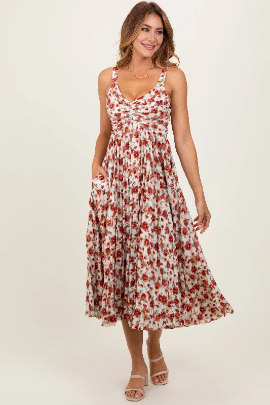 Comfortable Fitwear Red Floral Pleated Midi Dress