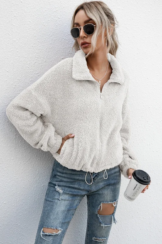 Light Dressing Ivy Lane Drawstring Hem Zip Up Teddy Jacket