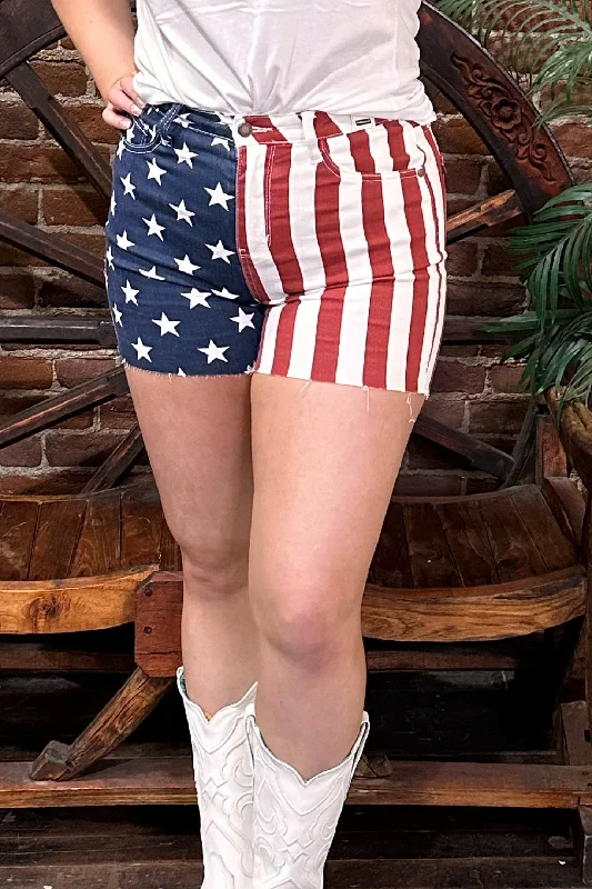 Fashionable Comfort High Rise Americana Flag Fray Hem Shorts by Judy Blue