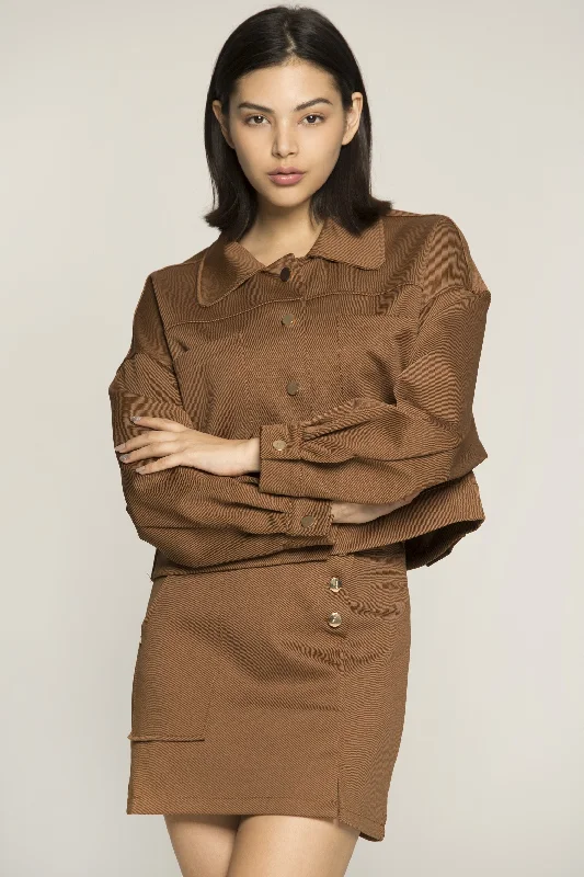 Versatile Outfits Caramel Brown Button Up Jacket and Skirt Set