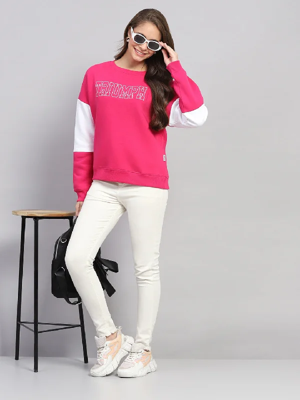 Soft Knitwear Women Pink Printed Round Neck Full Sleeve Sweatshirt