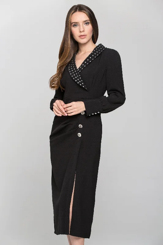 Soft Comfort Wear Black Studded Collar Side Button Midi Dress