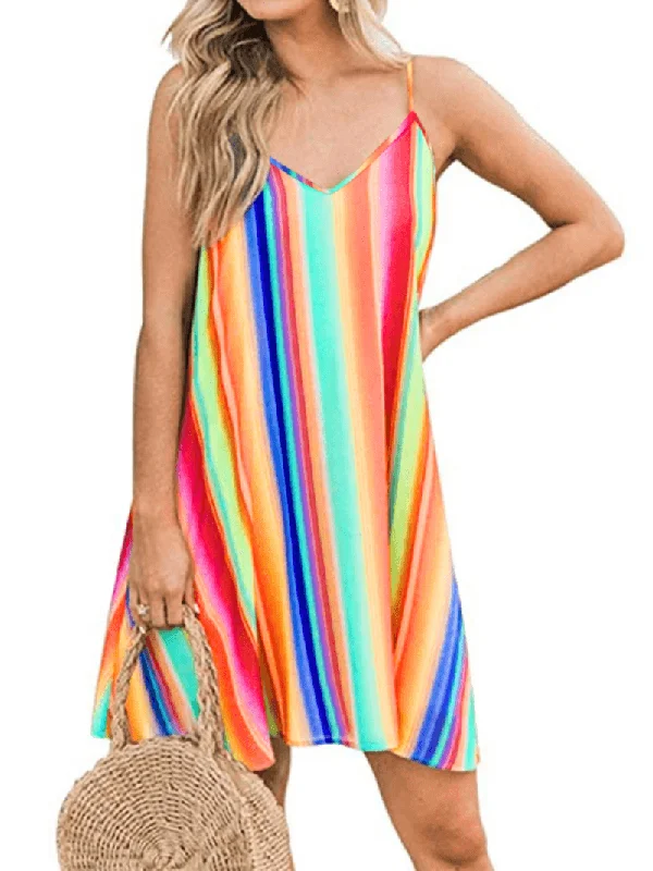 Soft Textures V-Neck Color Patchwork Sleeveless Summer Holiday Dress for Women