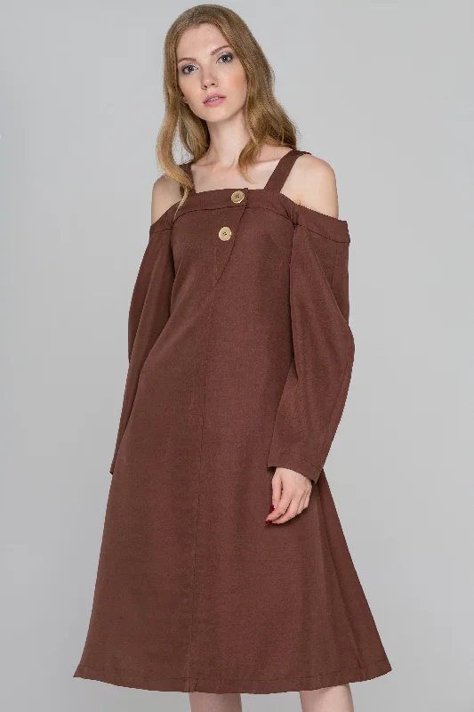 Soft Layers Chocolate Brown Cold Shoulder Midi Dress