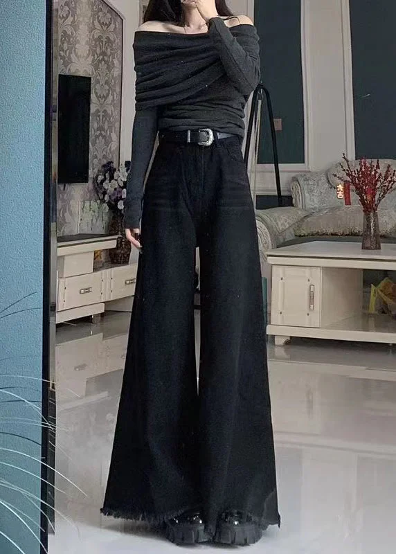 Weekend Comfort Fashion Black Tasseled Pockets Denim Wide Leg Pants Spring