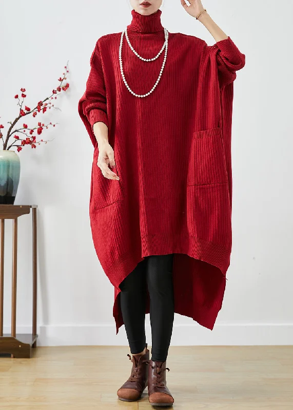 Trendy Dresses Red Oversized Knit Sweater Dress Turtle Neck Asymmetrical Batwing Sleeve Trendy Dresses Red Oversized Knit Sweater Dress Turtle Neck Asymmetrical Batwing Sleeve
