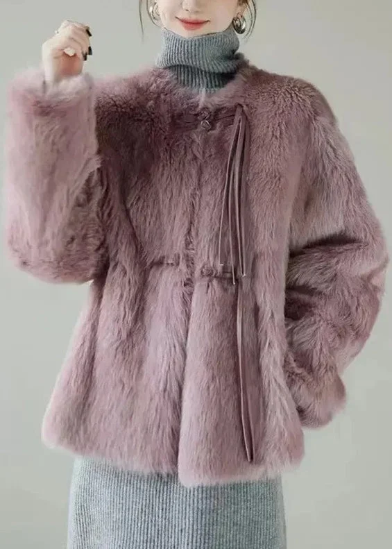 Breezy Outfits Women Purple Button Solid Mink Hair Coat Winter