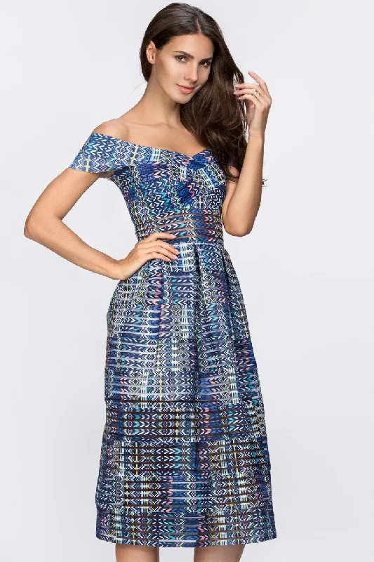 Cozy Footwear Blue Pattern Off the Shoulder Midi Dress