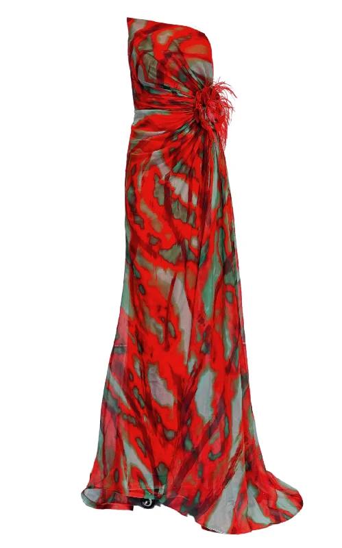 Soft Textures Strapless Red Print Party Dress