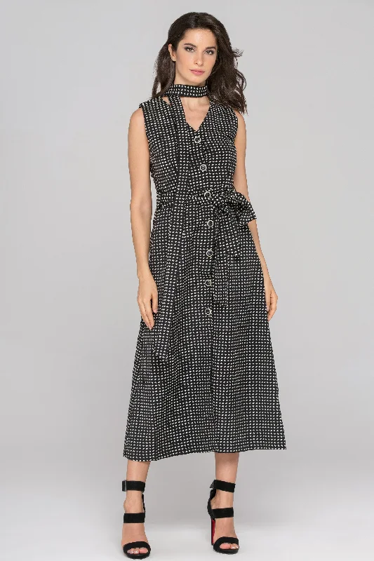 All-Day Style Black Sleeveless Reverse Houndstooth Button Up Midi Dress