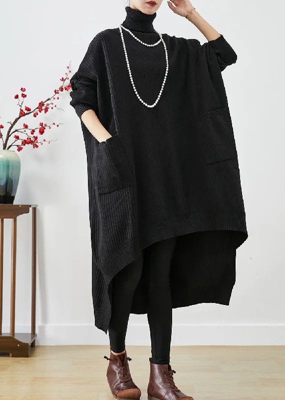 Cozy Footwear Modern Black Oversized Low High Design Knit Sweater Dress Batwing Sleeve Cozy Footwear Modern Black Oversized Low High Design Knit Sweater Dress Batwing Sleeve