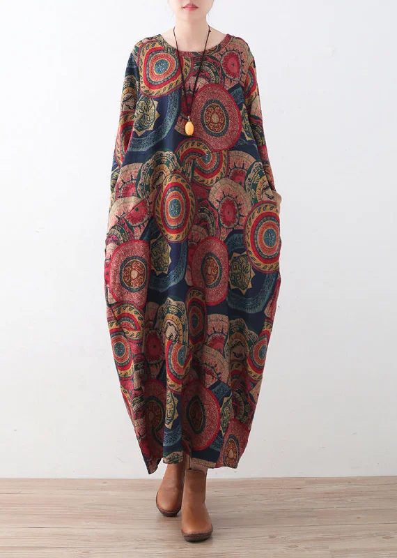 Easy Comfort Style vintage blue red prints sweater dresses plus size clothing sweater casual o neck winter dress