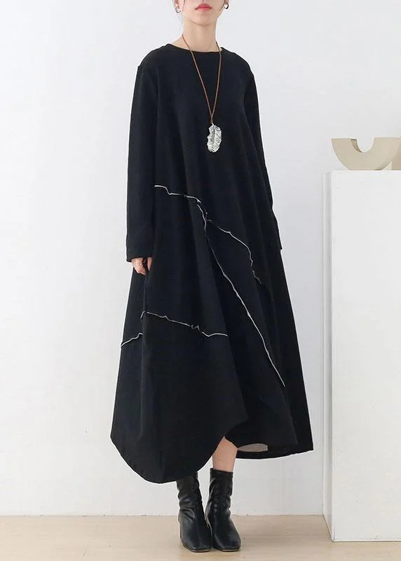 Cozy Essentials Natural Black O-Neck Patchwork Fall Knit Dress Long Sleeve