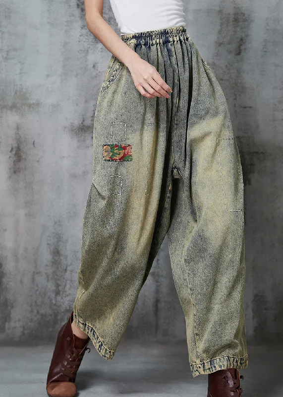 Simple Comfort Loose Blue Elastic Waist Patchwork Applique Denim Pants Spring